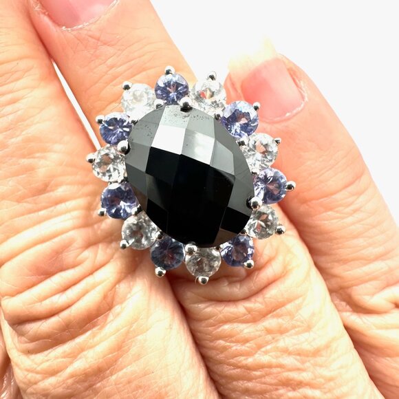 Purple Clear Black Multi-Gemstone Statement Ring Sterling Silver Size 6 - Picture 2 of 5